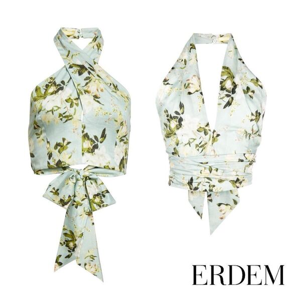 Erdem **NWT** Luna Poplin Cotton Halter Crop Top In Magnolia Garden Mint Green - Picture 16 of 16